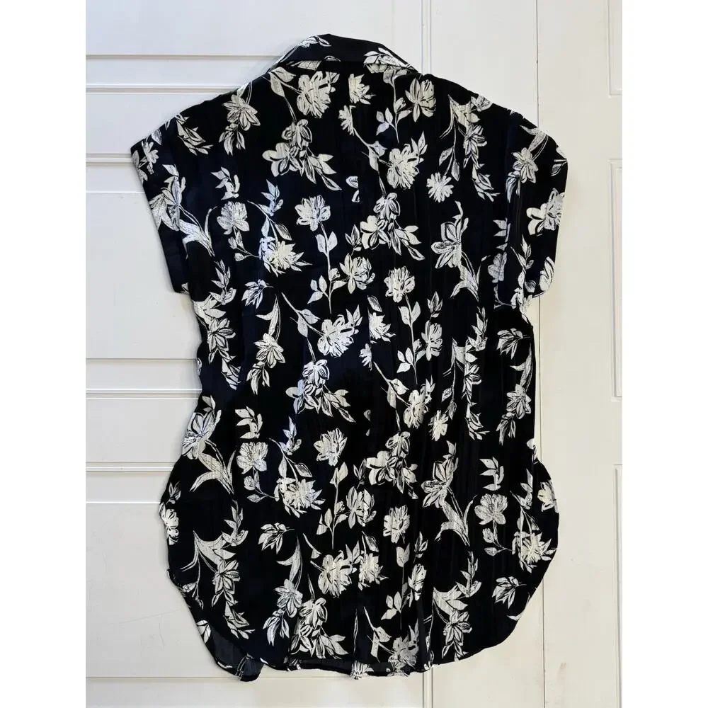 Calligraphie Womens Sz S Black Floral Short Sleeve Tie Front Tunic Top Shirt